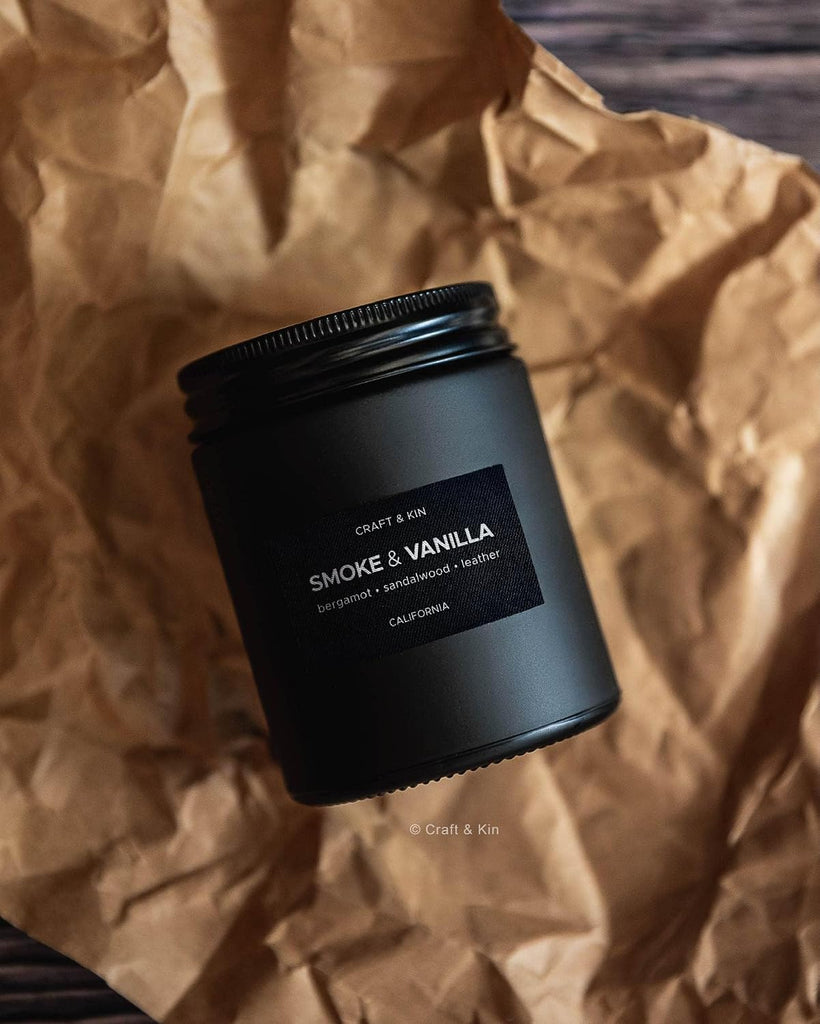 Premium Smoke & Vanilla Scented Candle - Long Lasting, 45 Hour Burn Time - Luxury Black Natural Soy Scented Candle