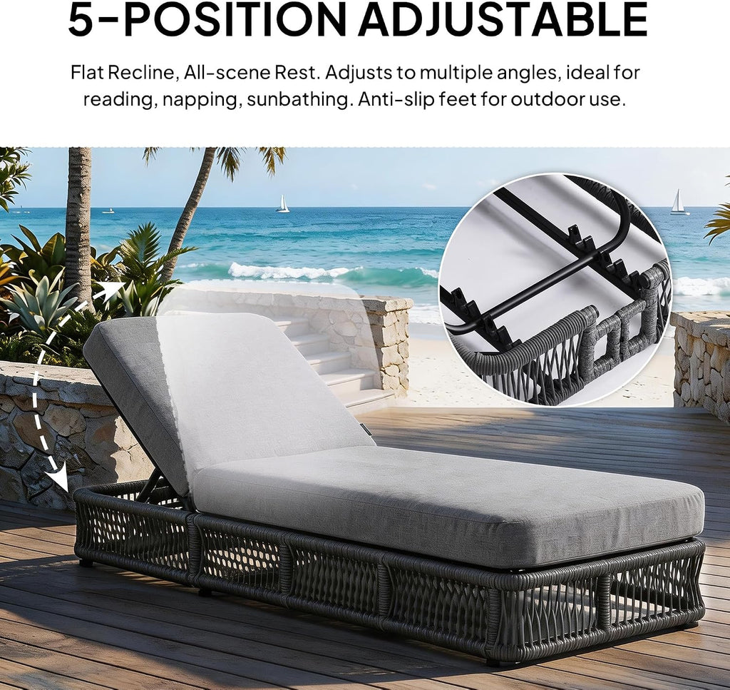 Outdoor Chaise Lounge Chair, 5-Position Adjustable Backrest, All-Weather Grey Woven Rope Recliner with 5 Inch Grey