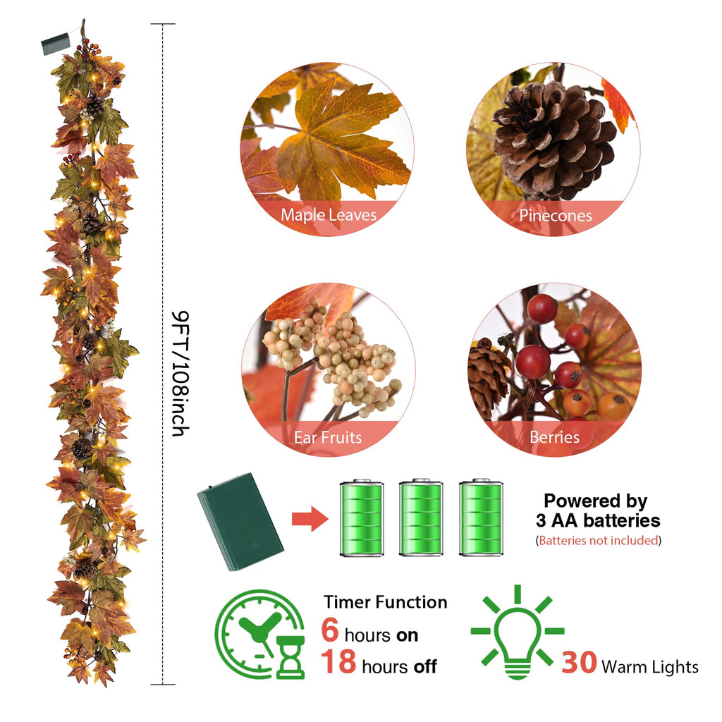 Fall Maple Leaf Garland, 9 Ft Fall Decor Garland with 30 Warm Lights