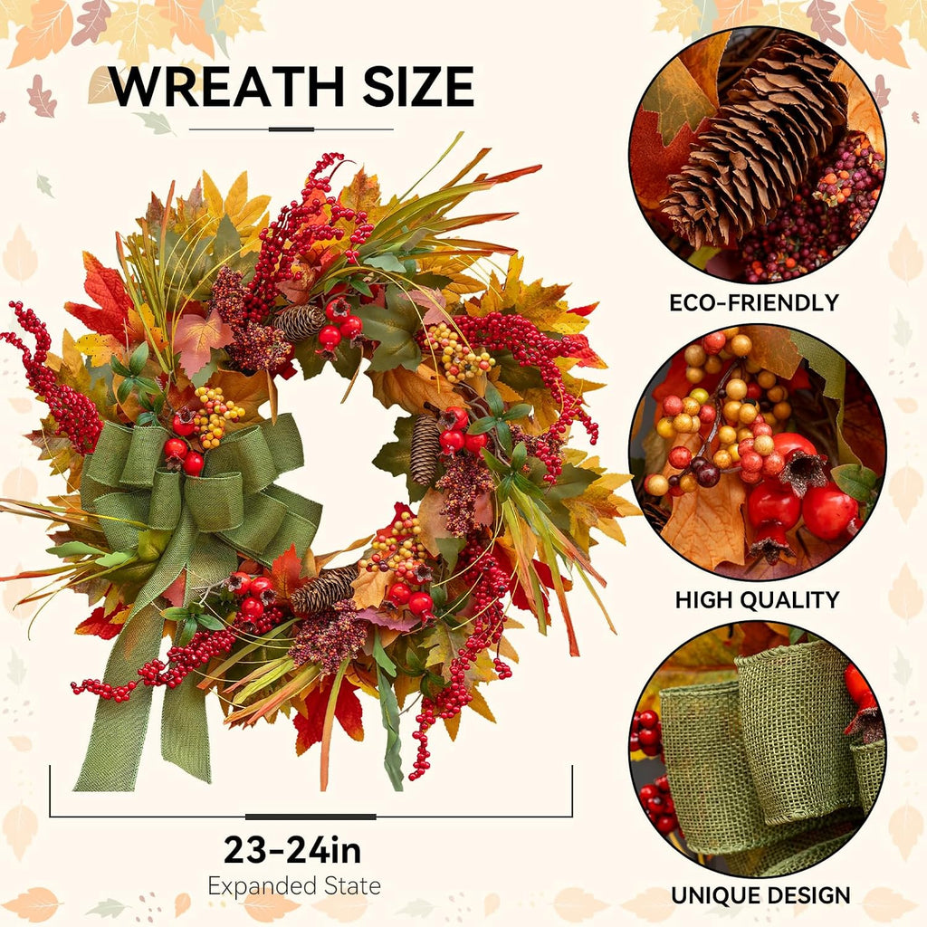 24 Inch Artificial Silk Harvest Fall Wreaths for Front Door with Green Bow