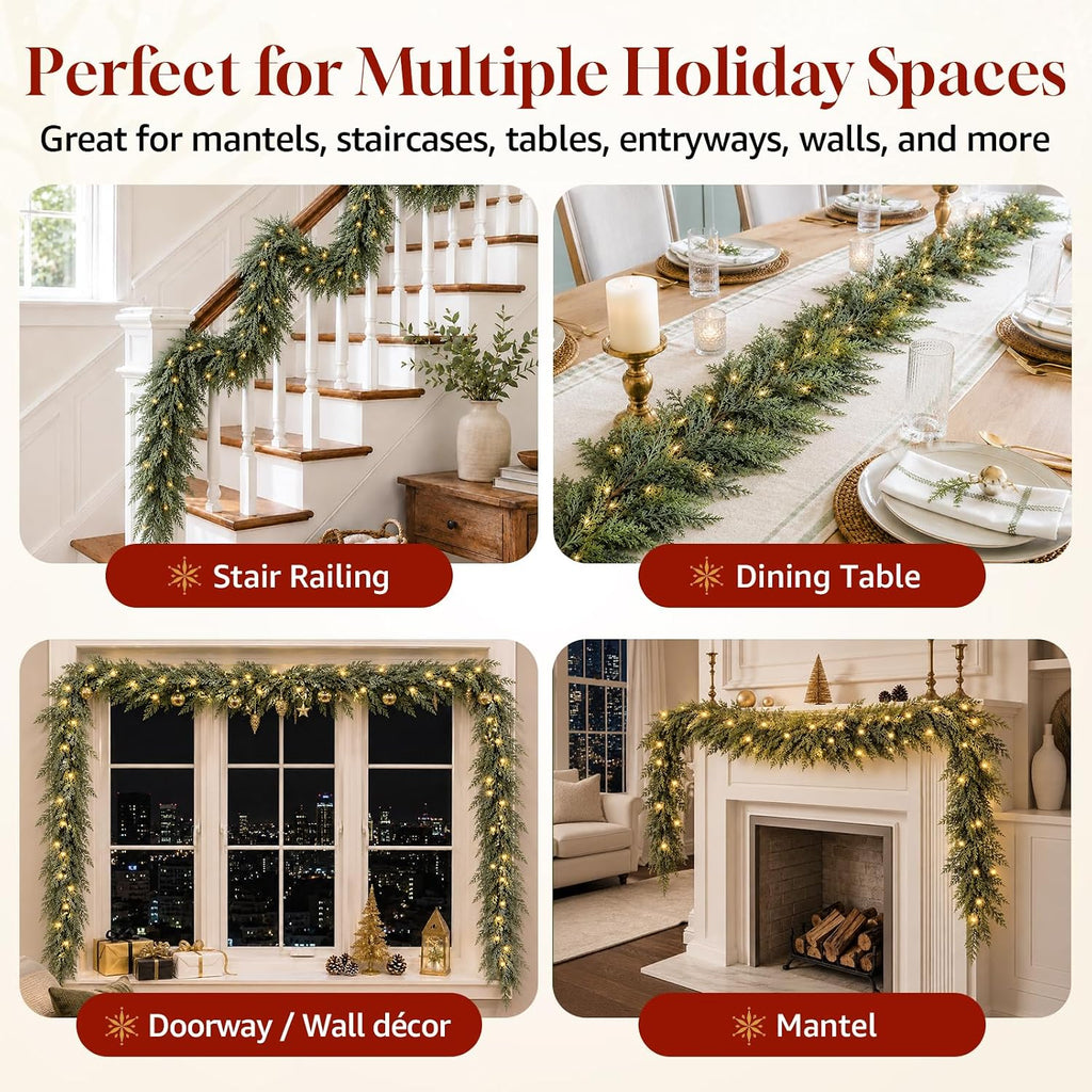 9FT Christmas Cedar Garland with Lights, Artificial Pine Greenery Decor