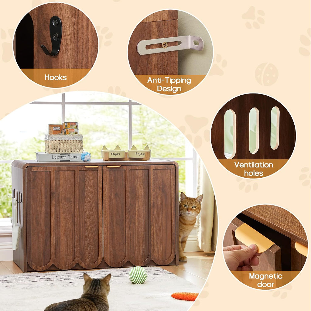 Cat Litter Box Enclosure Furniture, Hidden Cat Litter Box Cabinet with Scalloped Doors, Modern Cat House with Gold