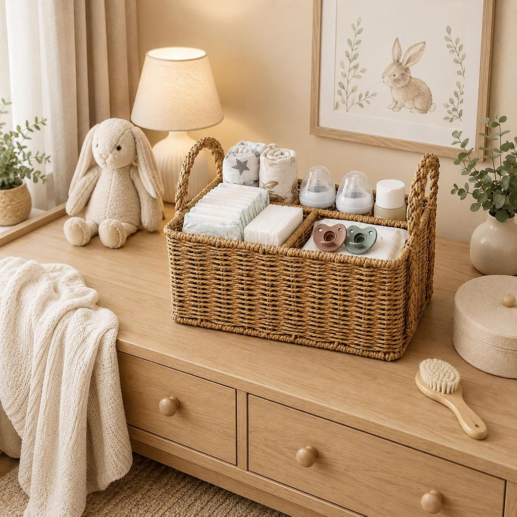 Diaper Caddy Organizer, Paper Rope Storage Baskets Nursery Bin with Removable Divider, Portable Car Organizer