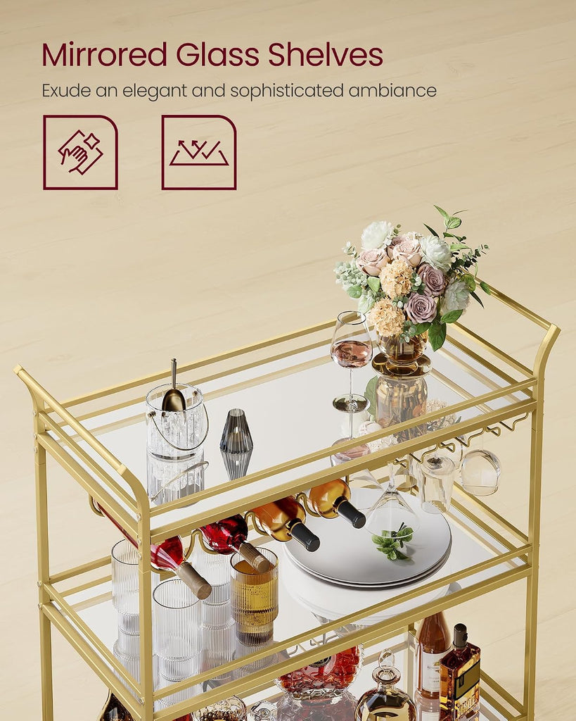 Bar Cart Gold, Large Home Bar Serving Cart with 3-Tier Mirrored Shelf, Wine Holders, Glass Holders, Kitchen, 15 x