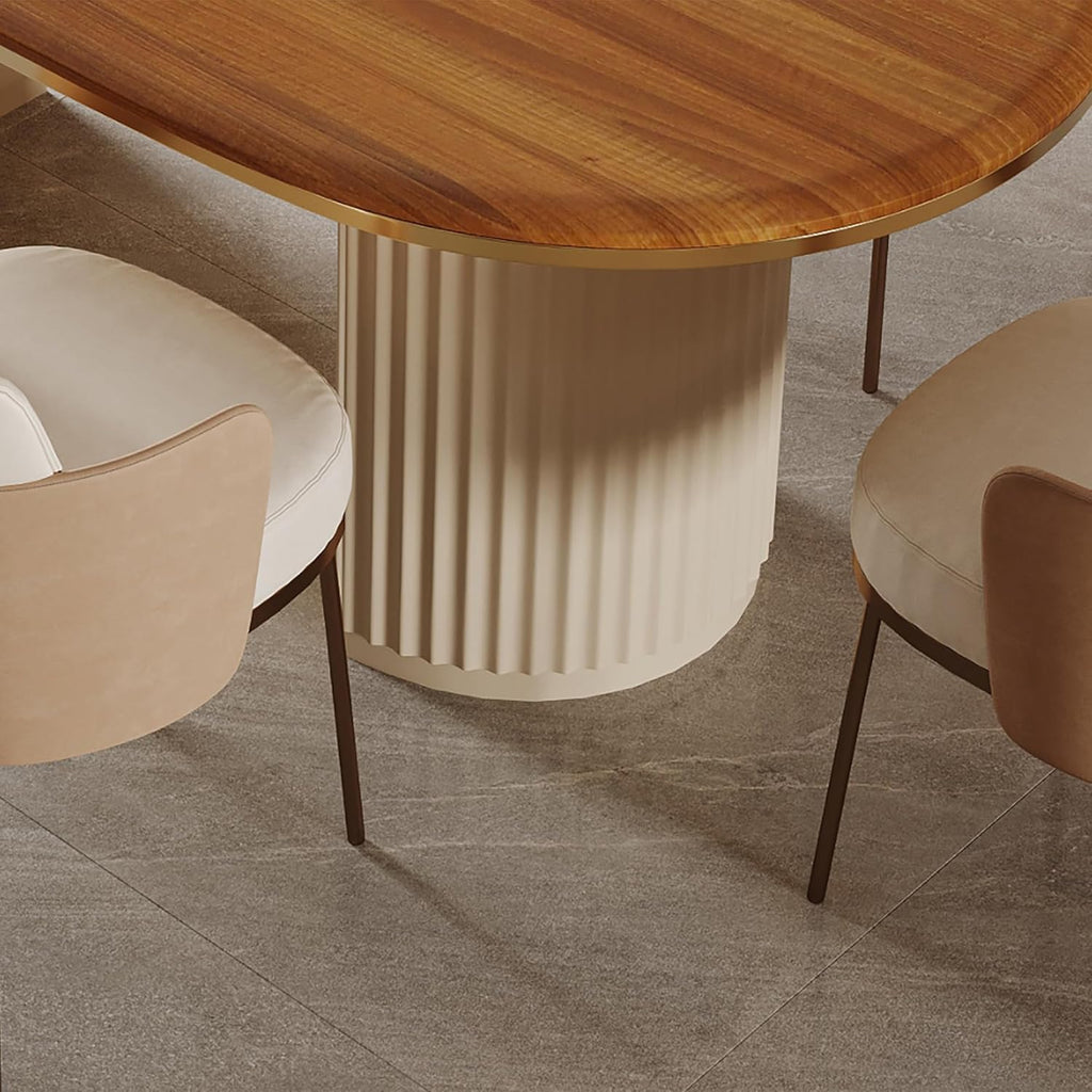 71" Oval Dining Table for 6, Brown Wood Dining Tabletop with White Dual-Pedestal, Mid-Century Modern Dining Room