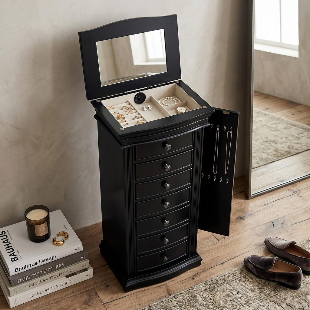Luke Standing Jewelry Armoire - Large 7-Drawer Wooden Organizer with Mirror, Side Doors, and Anti-Tarnish Lining