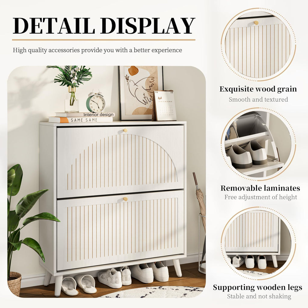 Shoe Storage Cabinet with 2 Fluted Flip Drawers, White