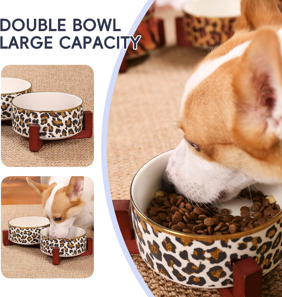 Dog Bowl Set with Wood Stand, Non-Slip Anti-Tip Elevated Design, Double Ceramic Animal Food Water Cat Bowls, Suitable