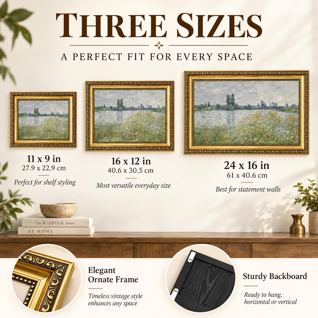 Gold Framed Vintage Canvas Wall Art, Monet Style Impressionist River Landscape Print, Canvas Print, Bedroom Bathroom