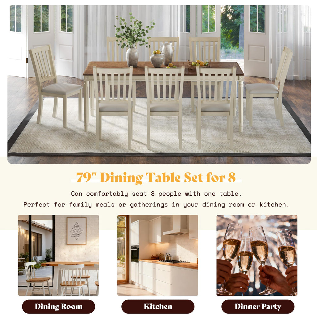 9 Piece Farmhouse Dining Table Set with 79" Table, Cream