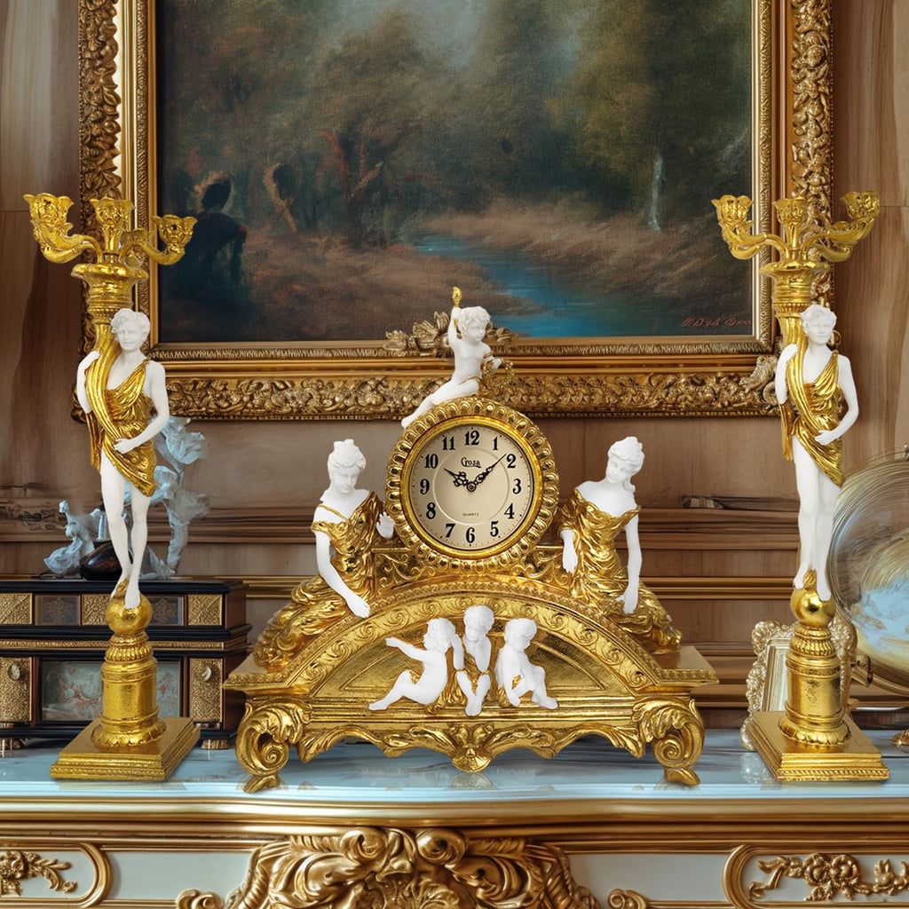 23''H Ornate Rococo Mantel Clock with Candelabras Candle Holders