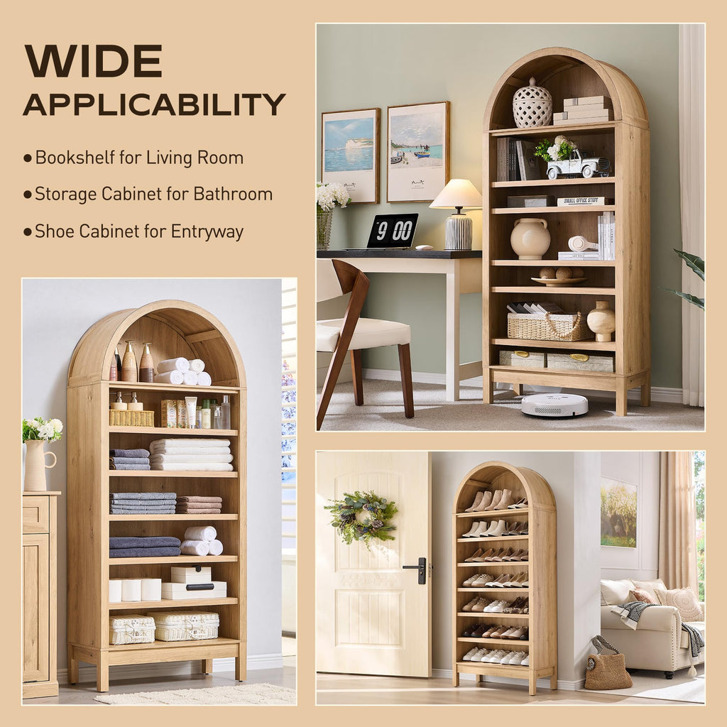 71" Tall Arched Bookshelf, 7 Tiers Arch Bookcase (Natural)