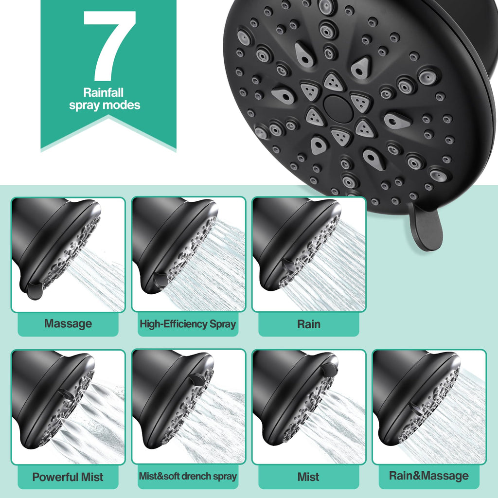 Filtered Shower Head, 7 Modes High Pressure Shower Heads Matte Black