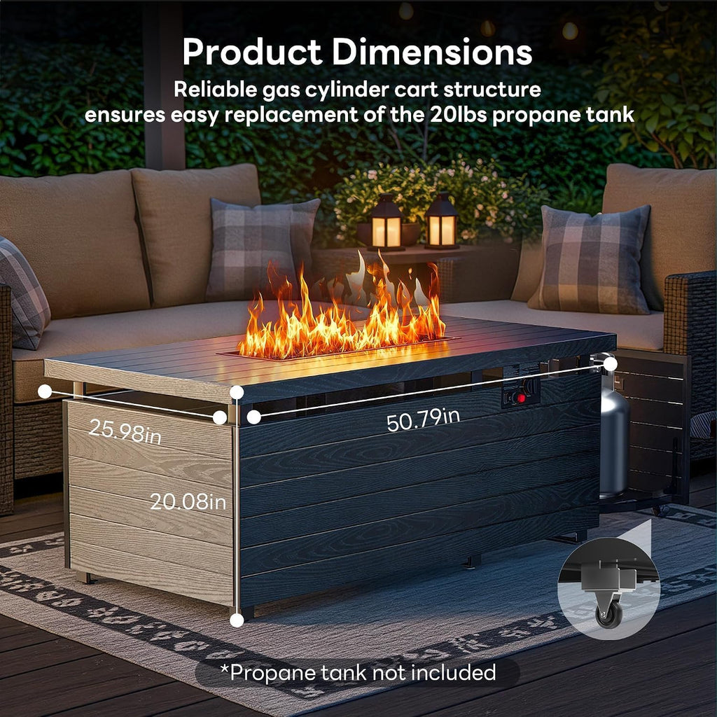 51" Outdoor Propane Fire Pit Table, 50000 BTU 4-in-1 Gas Fire Pits | Blue Glass Stones, Steel Tabletop, Adjustable