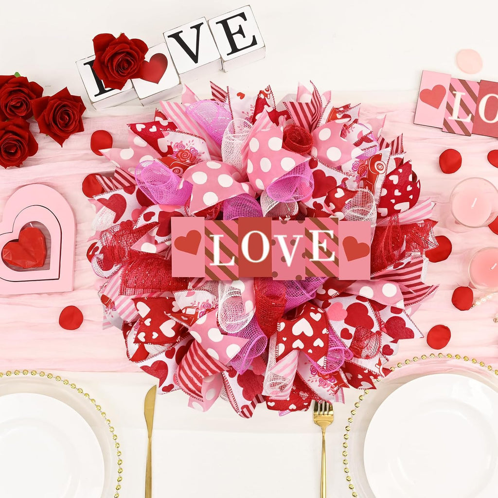 17 Inch Valentines Day Mesh Wreath,Valentines Wreaths for Front Door with Love Wooden Sign Fishnet Yarn, Valentines
