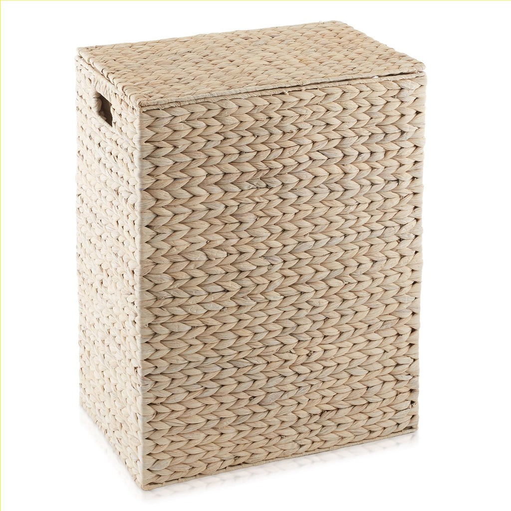 Large Laundry Hamper with Lid and Removable Liner Bag - Whitewash White, Woven Water Hyacinth Rectangular Laundry