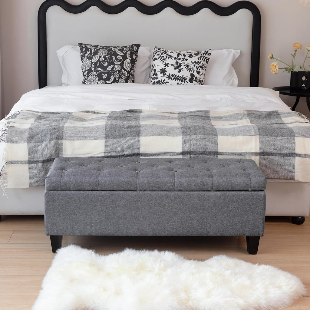 42" Storage Ottoman Bench, End of Bed Storage Bench,330 LBS Load | Button Tufted Fabric , Solid Wood Leg, Safety