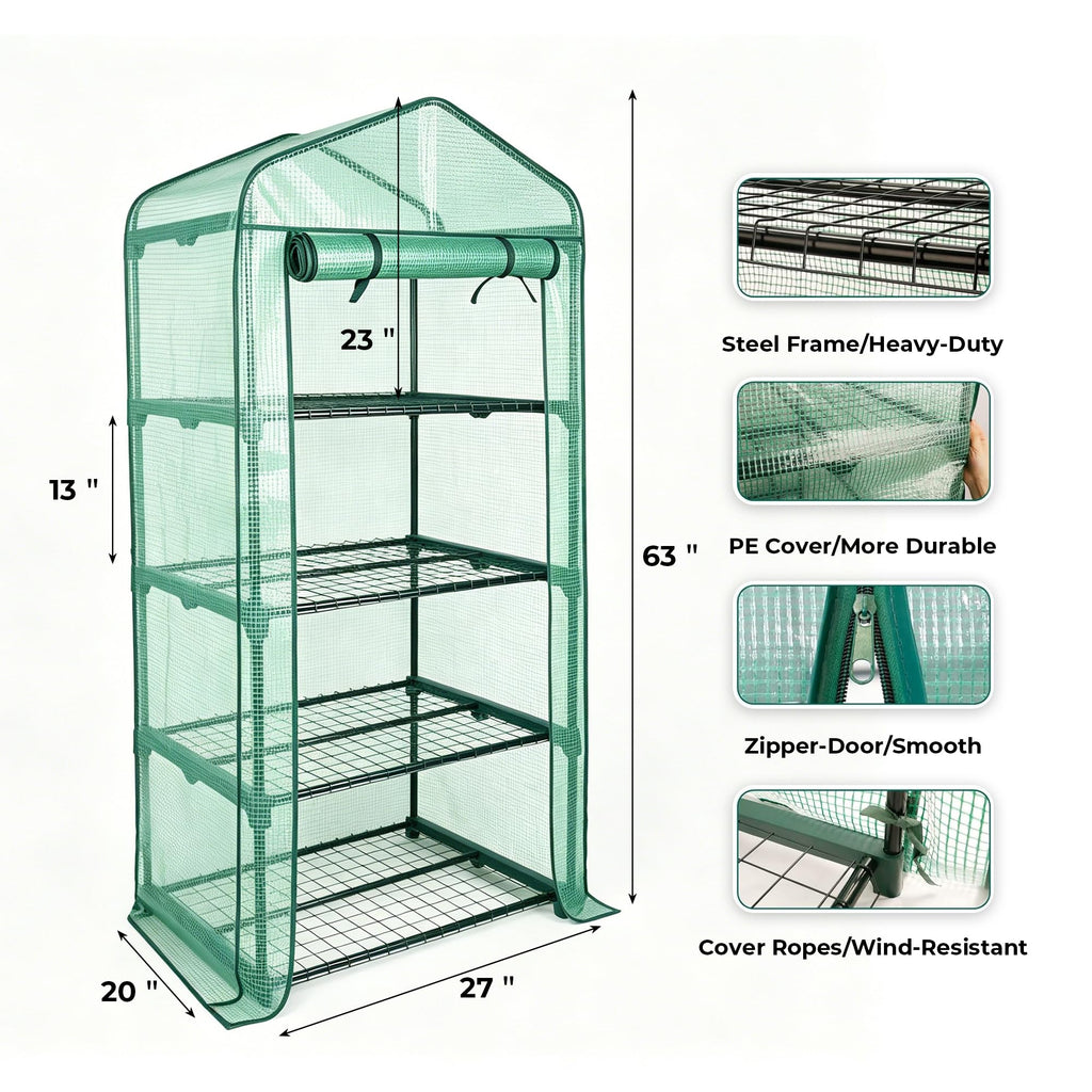 4 Tier Mini Greenhouse - 63'' H x 27'' L x 19'' W - Sturdy Portable Gardening Shelves with Durable PE Cover w