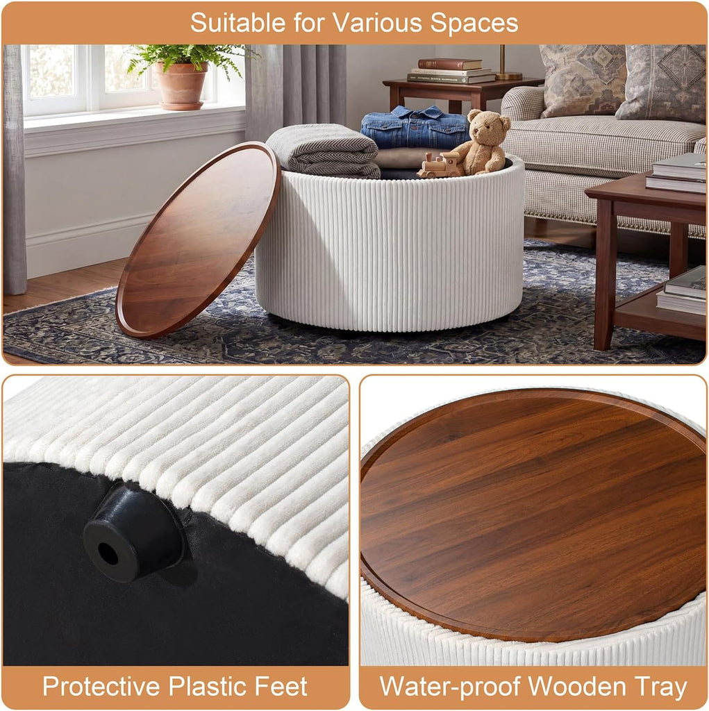28" Round Storage Ottoman, Ottoman Coffee Table with Tray, Corduroy | Modern Ottomans with Storage with Anti-Slip
