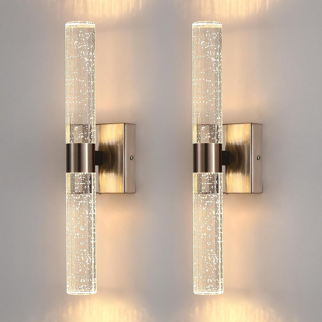 Modern Wall Sconces Set of Two, 3CCT Crystal Bathroom Sconces Wall Light, Brushed Nickel Vanity Light Fixture, Sconce