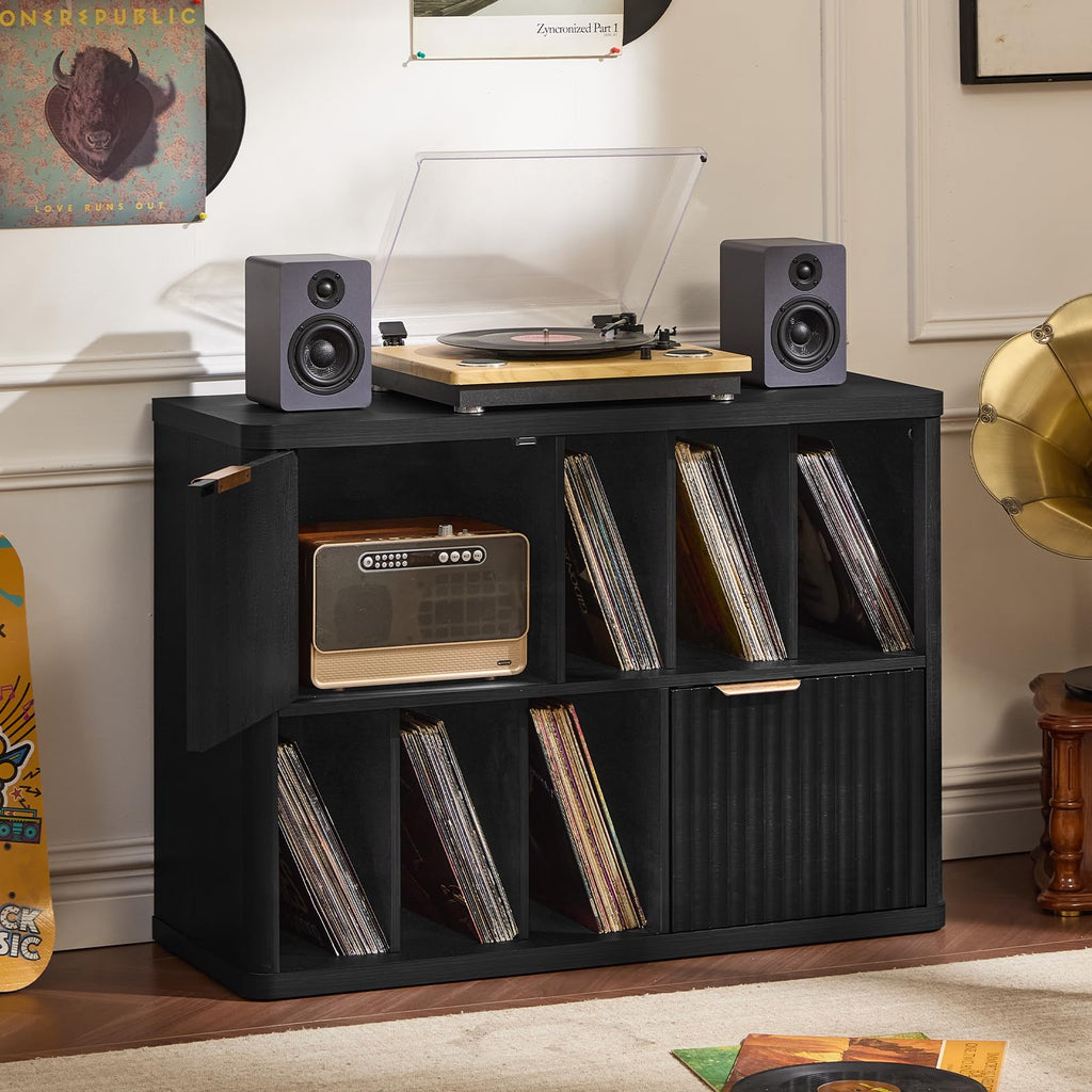 Large Record Player Stand with Vinyl Storage Up to 450 Albums, Wood Fluted Boho Record Storage Accent Cabinet, Modern