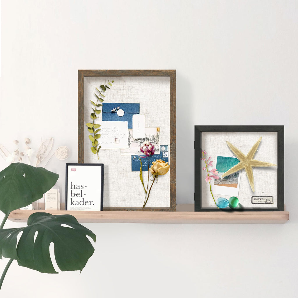 8x10 Deep Shadow Box Frame, Wooden Display Case w. Linen Board & Tempered Glass Door - Brown Woodgrain - Small - Wall