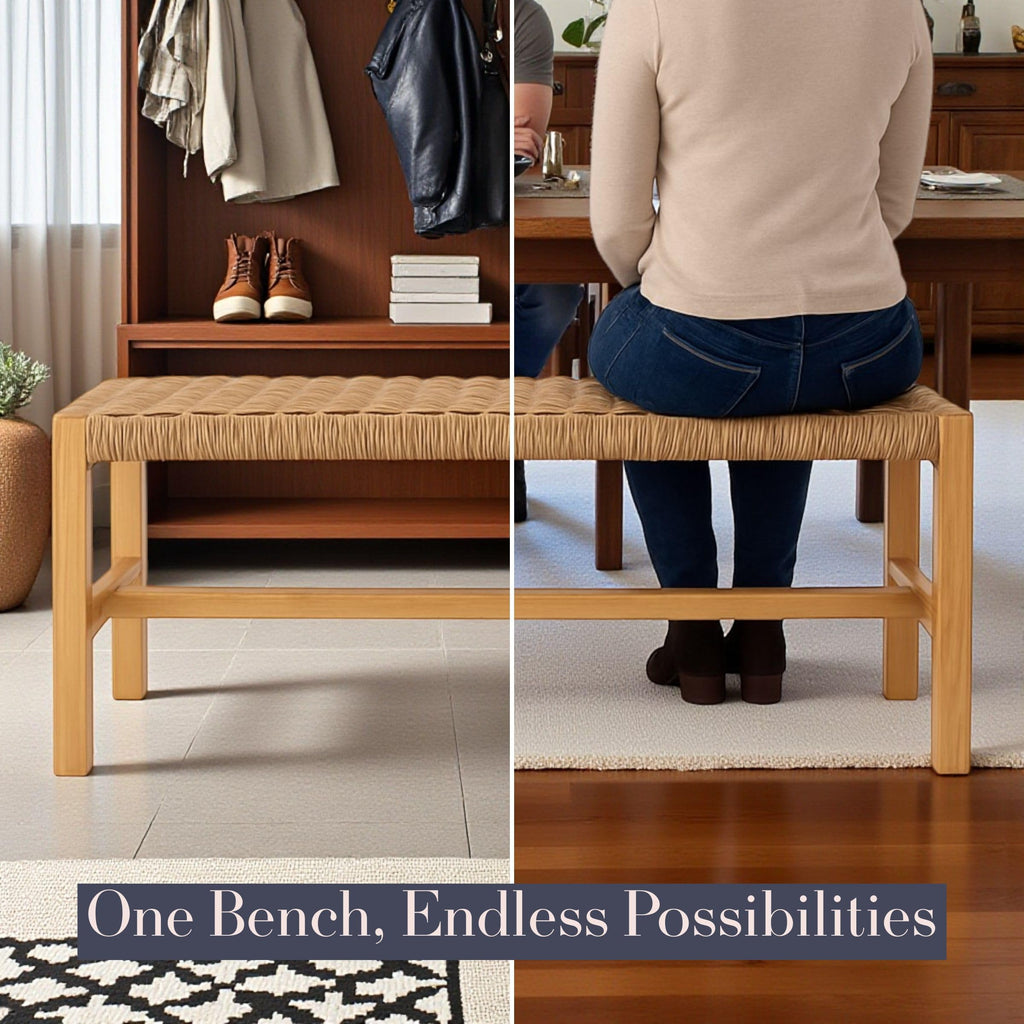 Newport Solid Wood Entryway Bench with Woven Rope Seat, Light