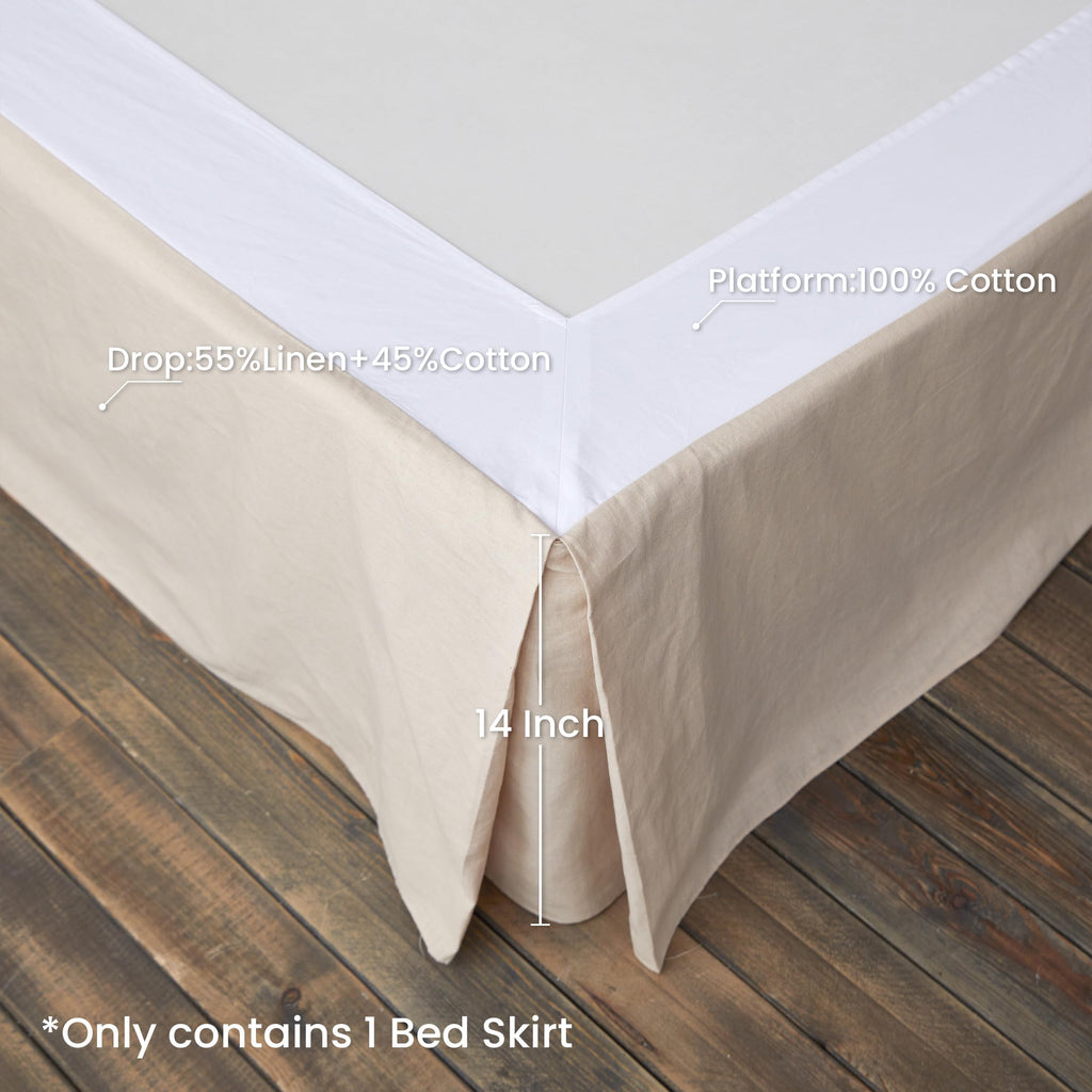French Linen Wrap Around Bed Skirt with Pleated Corner 14-Inch Tailored Drop Natural Flax Cotton Blend Basic Soft