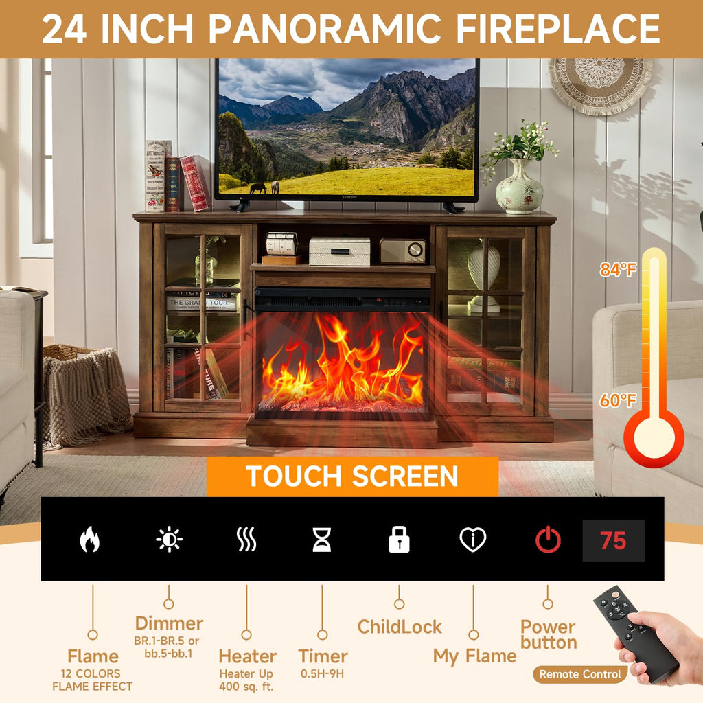 3 Sided Glass 59" Fireplace for TVs up to 65 Inch, Media Entertainment Center with Glass Door Storage Cabinet, 24"