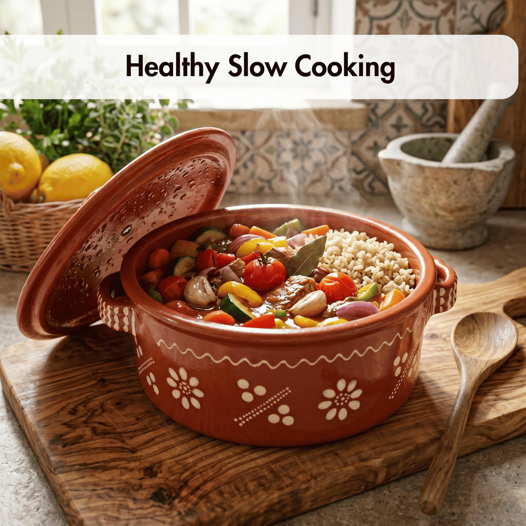 Portuguese Pottery Glazed Clay Cooking Pot With Lid Terracotta Casserole Cazuela (5 Quarts)