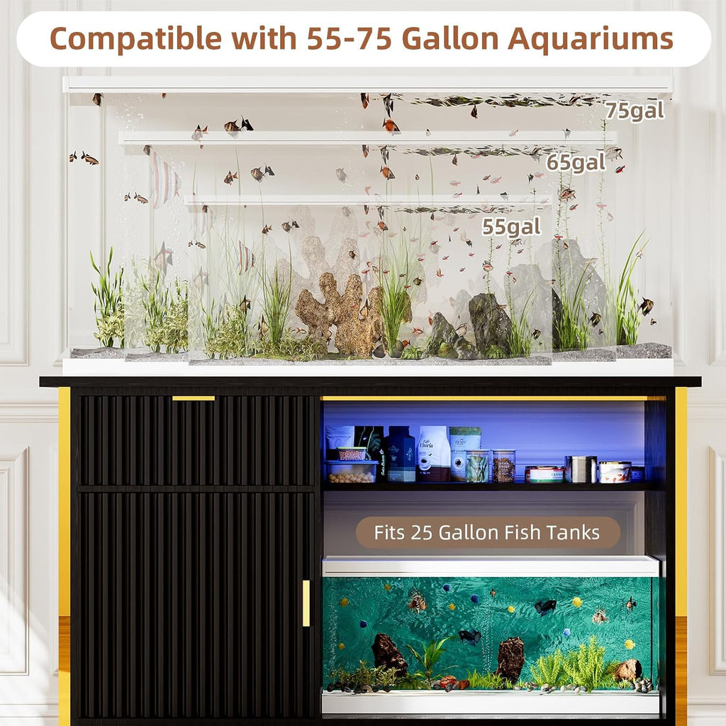 55 Gallon Fish Tank Stand with Power Outlets, Black and Gold Aquarium Stand