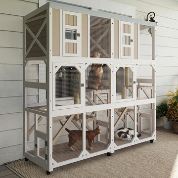 64" H Large Wooden Catio Outdoor Cat Enclosure with Wheels
