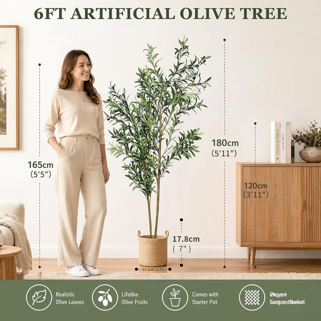 6FT Artificial Olive Tree Indoor, Lifelike Faux Tree with Cotton Basket