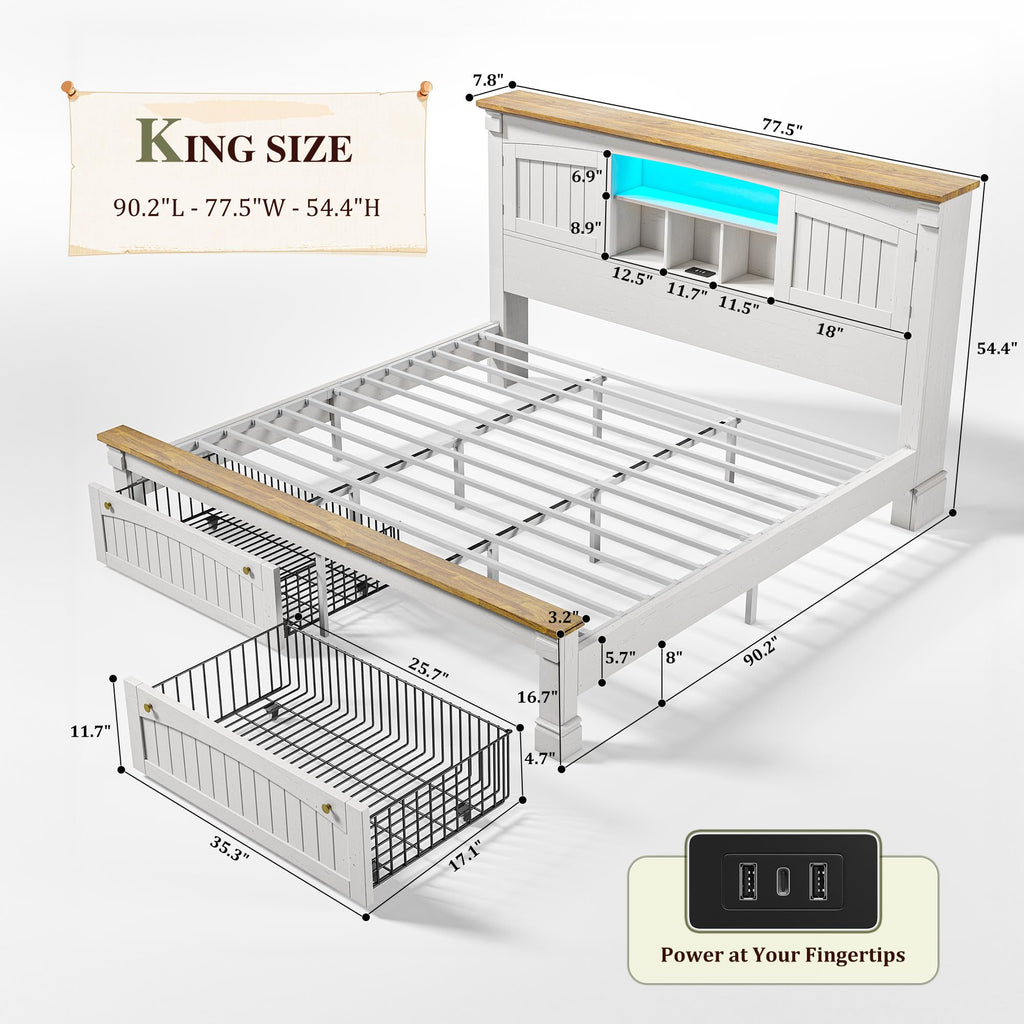 Farmhouse Bed Frame with Storage Headboard & Charging Station
