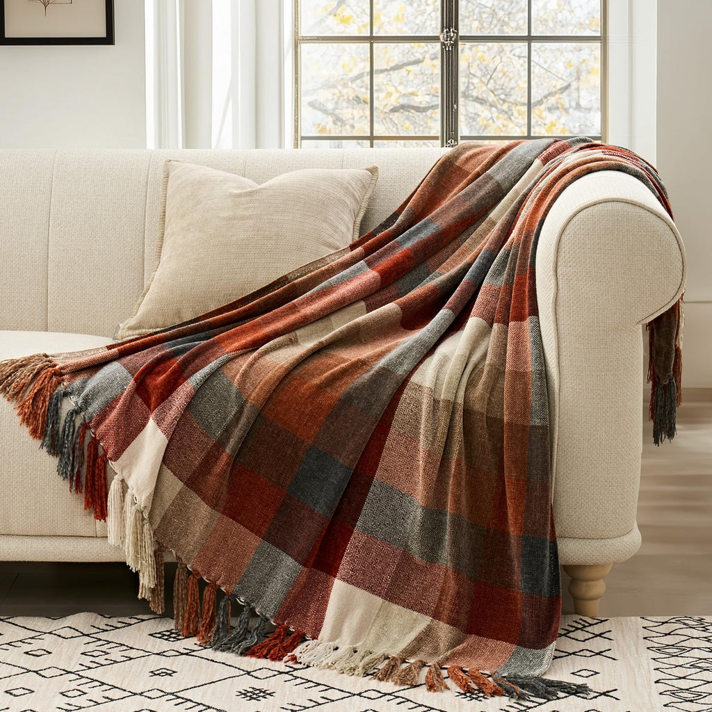 Plaid Chenille Fall Throw Blanket, 50"x60", Harvest Orange Plaid