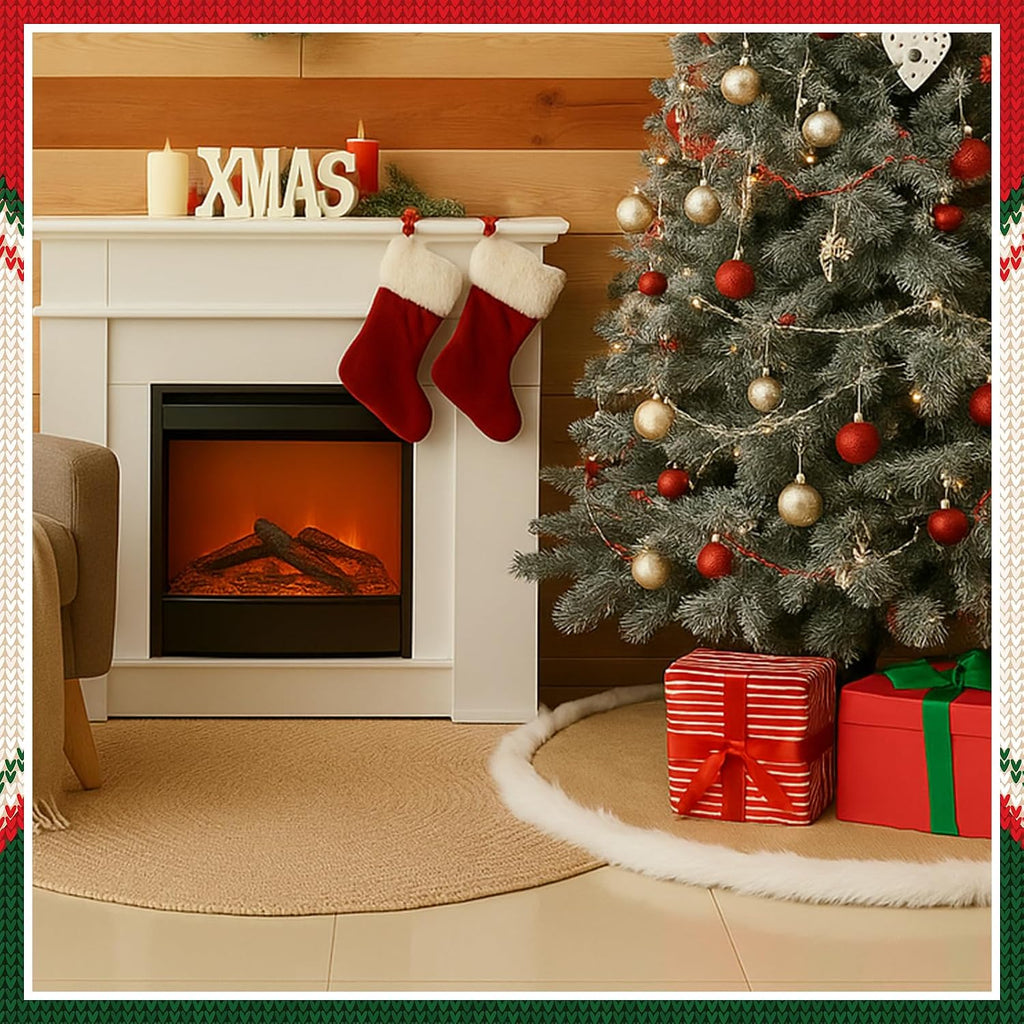 35.4'' Christmas Tree Skirt, Rustic Burlap White Faux Fur Trim Tree Skirt Simple Plain Burlap & Soft Thick Plush