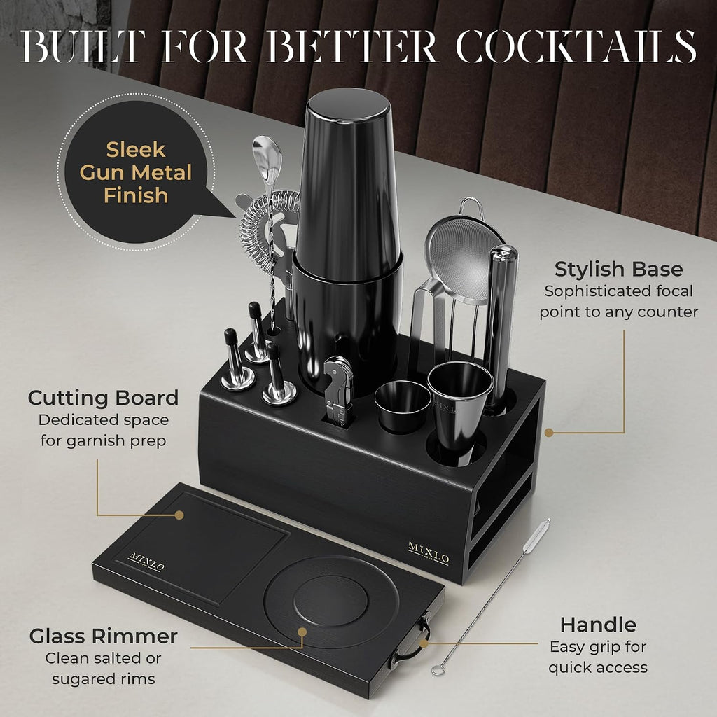 Mixology Bartender Kit - Bar Set Cocktail Shaker Set w Black Bar Cart Accessories Stand - Shakers Bartending - Set of 15