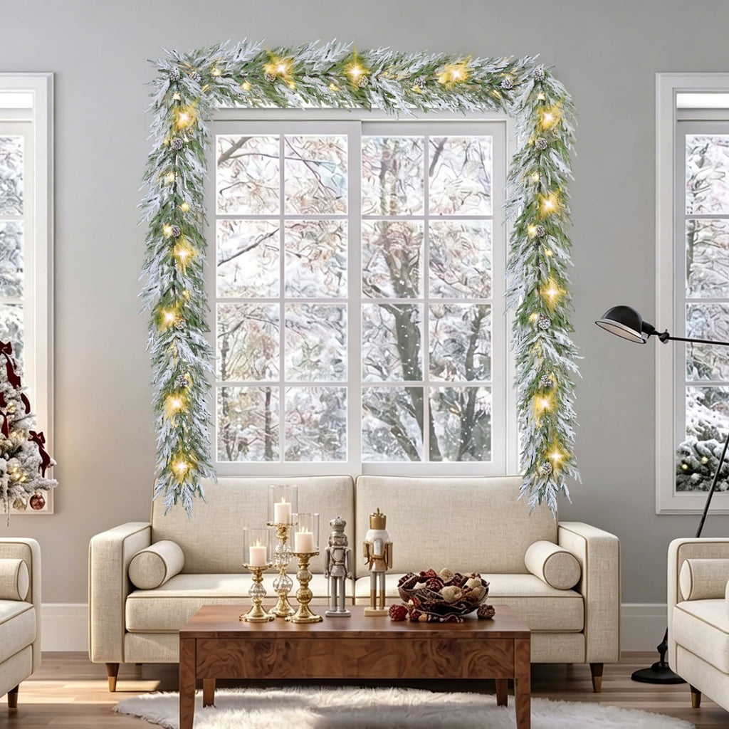 2PCS 6FT Norfolk Pine Garland Flocked Garland with Lights Pinecone