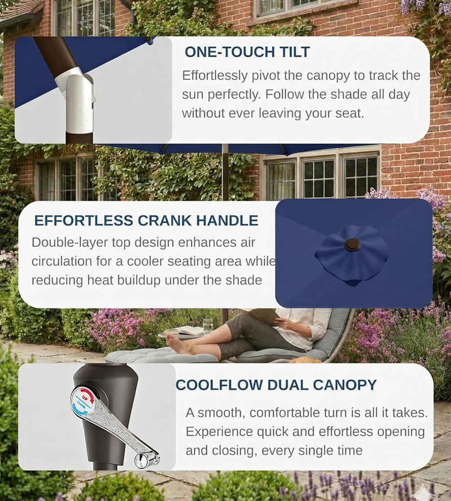 PatioKingdom 9FT Patio Outdoor Umbrella-UPF 50+ Sun Shade with Wind Vent, Push-Button Tilt & Smooth Crank Lift