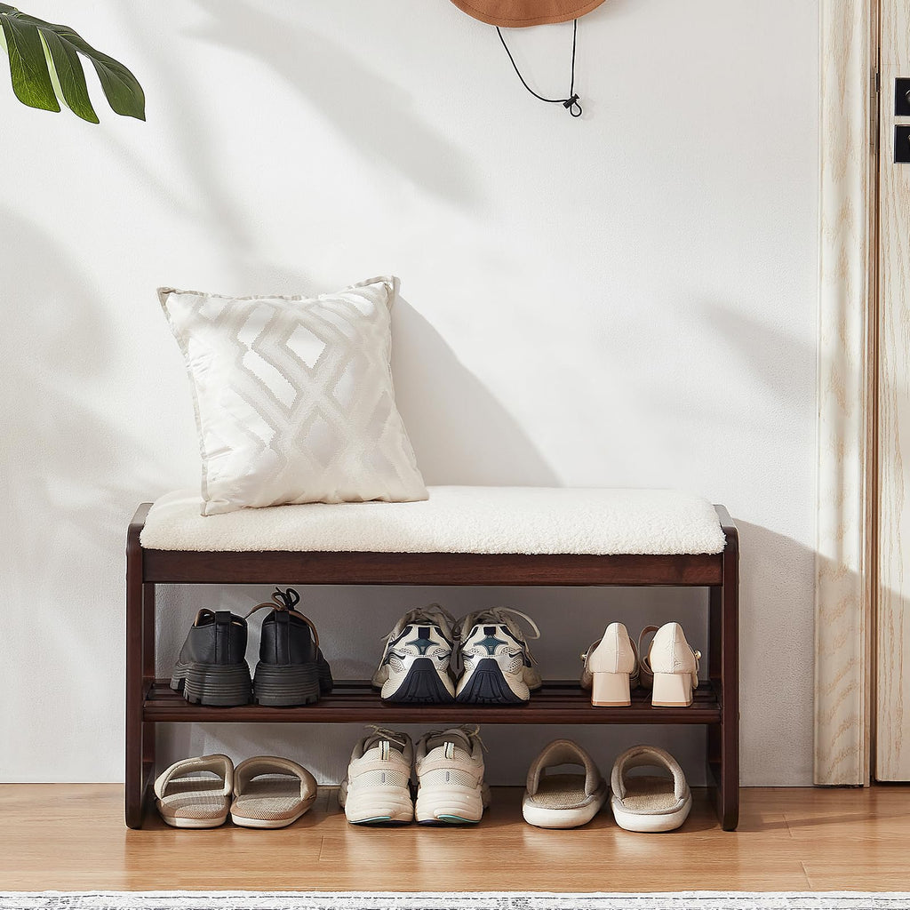 Shoe Rack Bench, 2 Tier Solid Wooden Entryway Bench(Cream White, 31.5")
