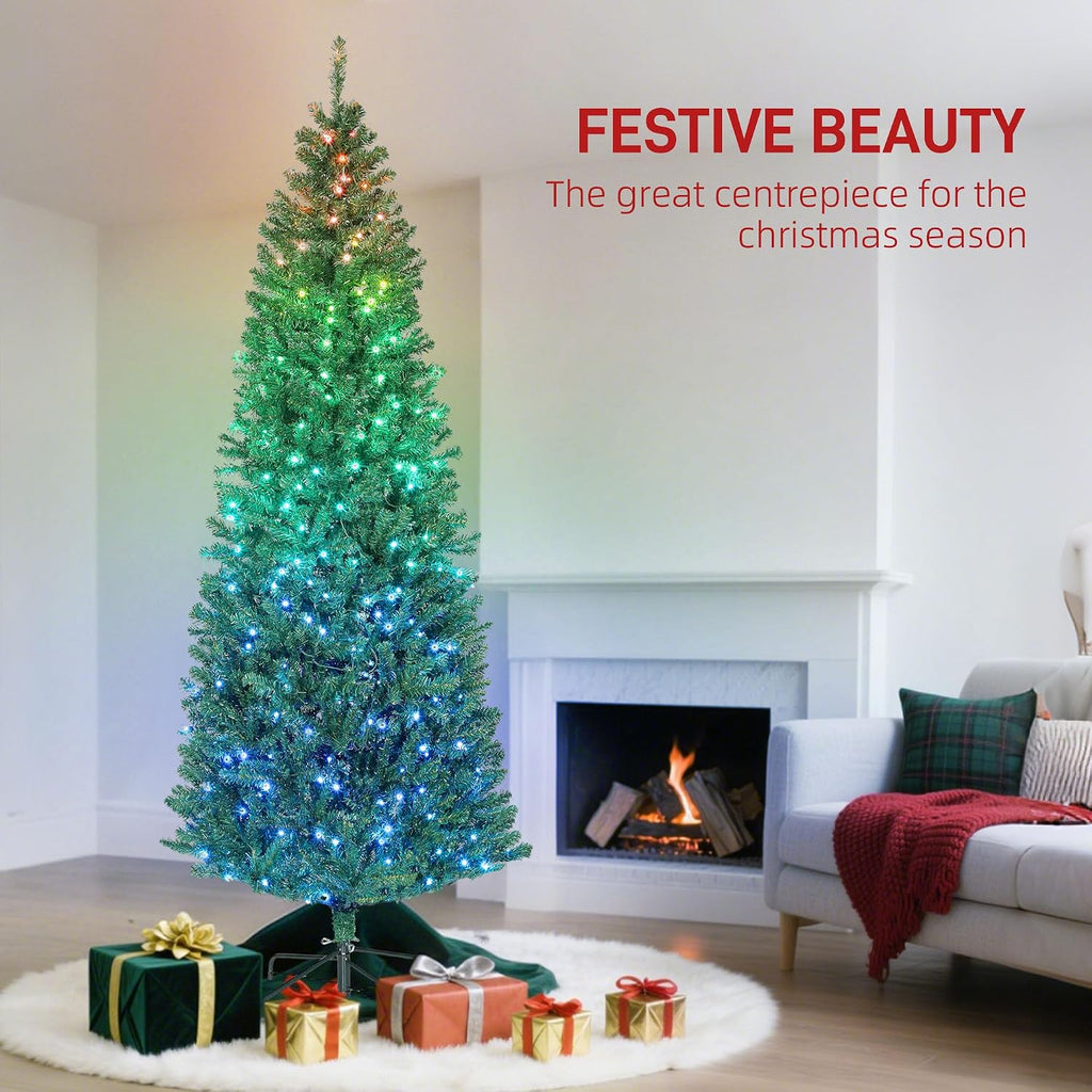 7ft Prelit Christmas Tree with Colorful LED Lights Slim Fir Green | DIY Synchronized Lights, Xmas Tree, 12 Modes