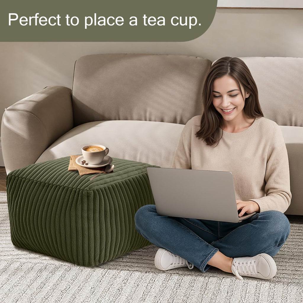 Square Pouf Ottoman Foot Rest, 15 Inch Faux Fur Pouf, Green
