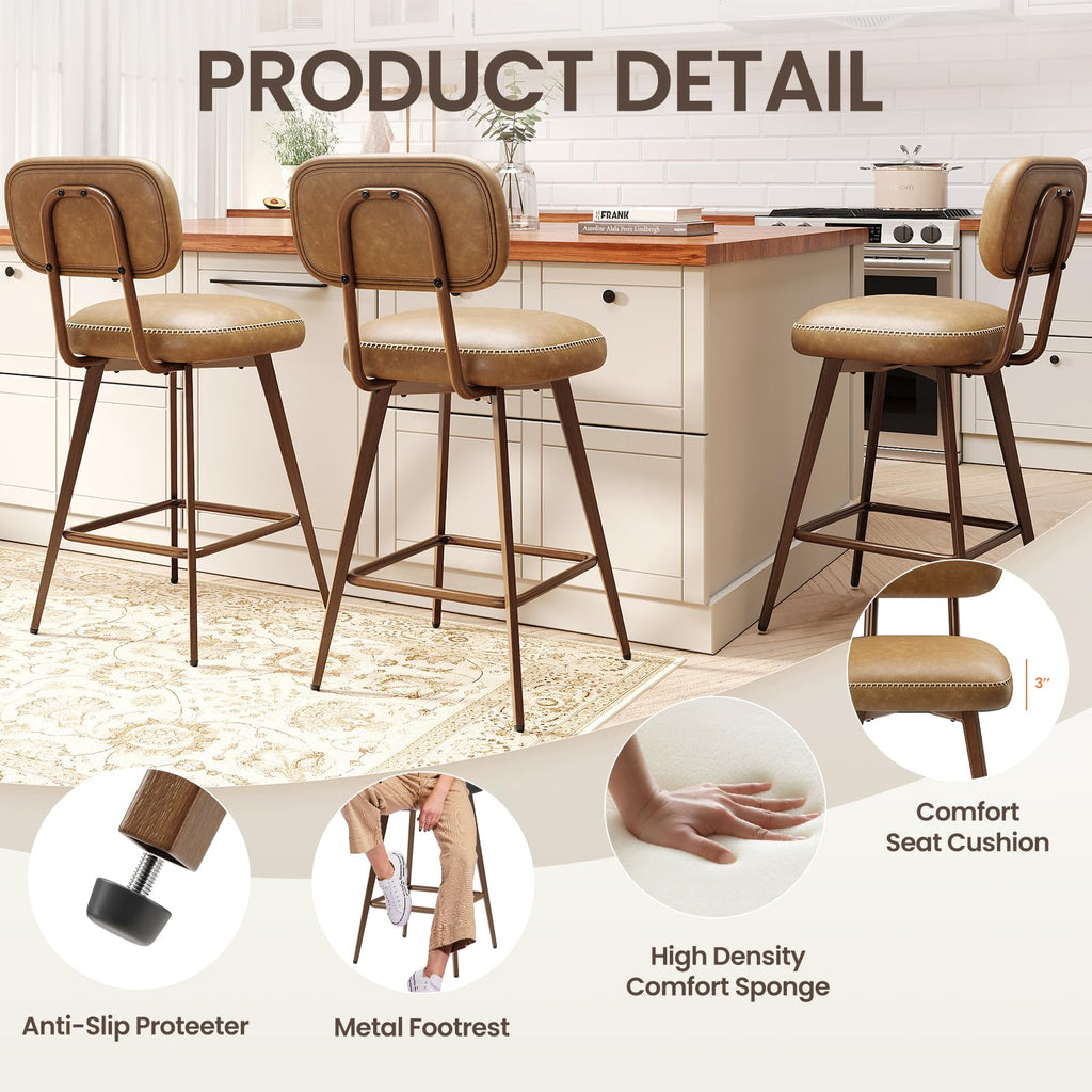 26" PU Leather Swivel Bar Stools Set of 6, Mid Century Counter Height Bar Chairs with Low Back and Metal Legs, Modern