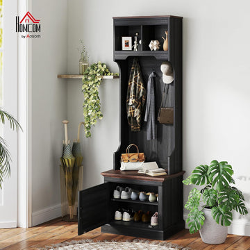 3-in-1 Hall Tree with Shoe Storage, Standing Coat Rack with Shoe Bench, Entryway Furniture with Three Hooks, Black