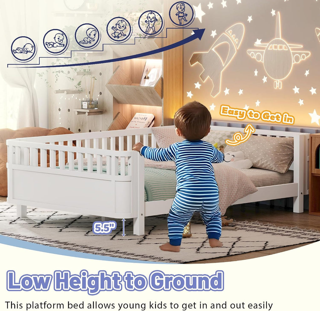 Bed Frame for Kids with Rails, Low Profile Montessori Bed with Detachable Side Rail, Solid Pine Wood Kids