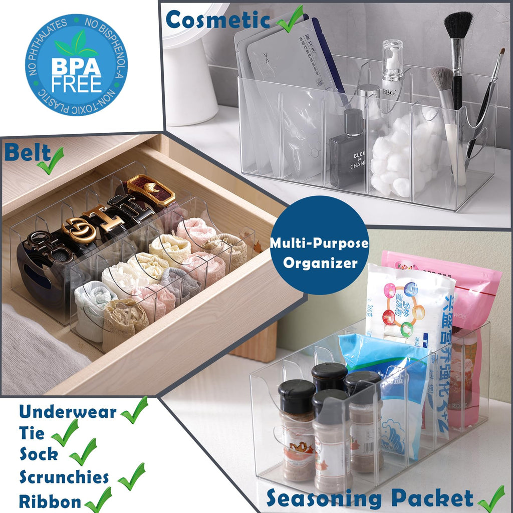 Belt Organizer - 2 Pack Clear Stackable Belt holder For Closet Drawer Storage - 5 Compartments with Removable