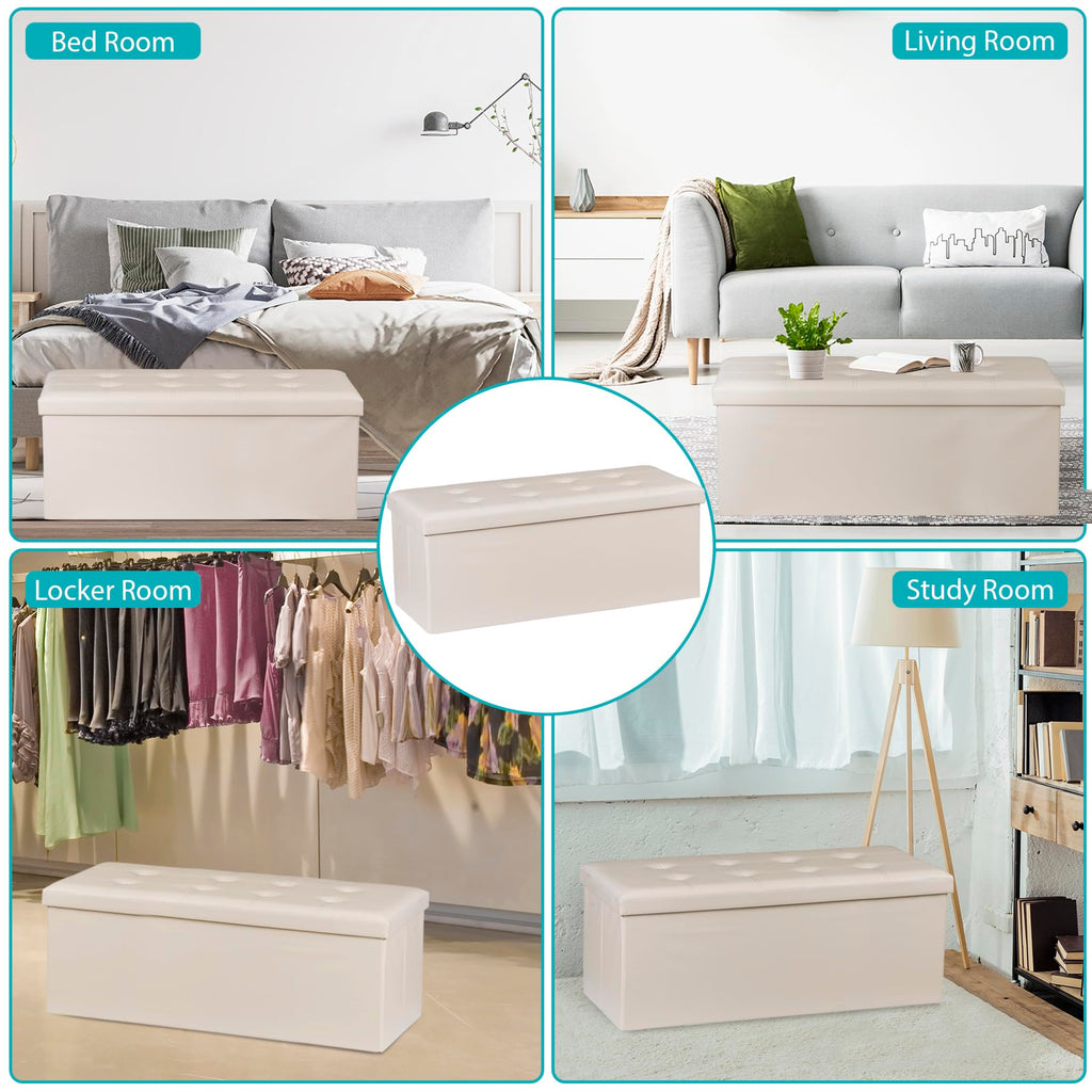 Storage Ottoman Bench, 43 Inches Folding Faux Leather Ottoman Footrest Bench with Storage&Padded Seat, Holds up to