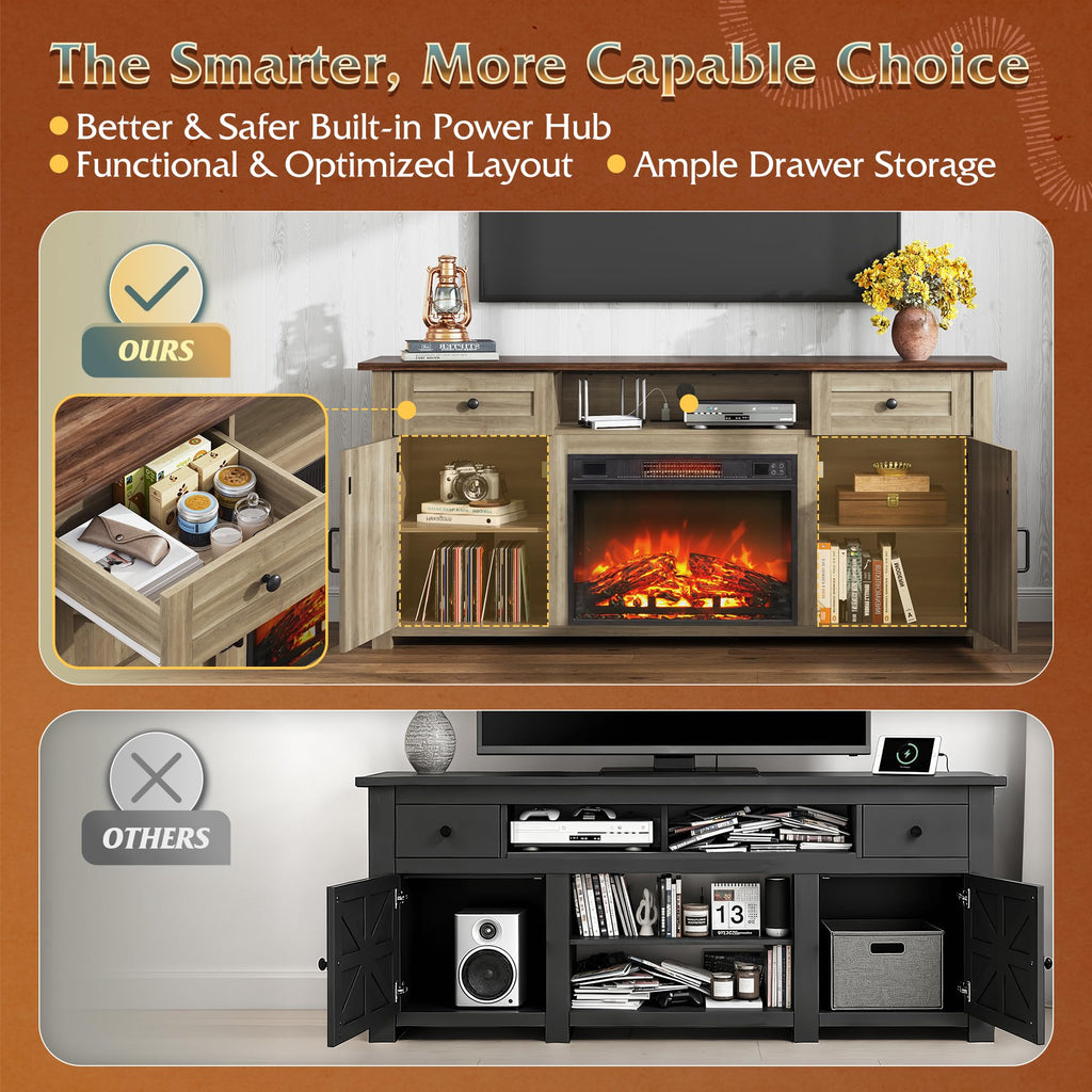 Electric Fireplace TV Stand for 65 75 inch TV, Modern Farmhouse Entertainment Center with Removable Fireplace &