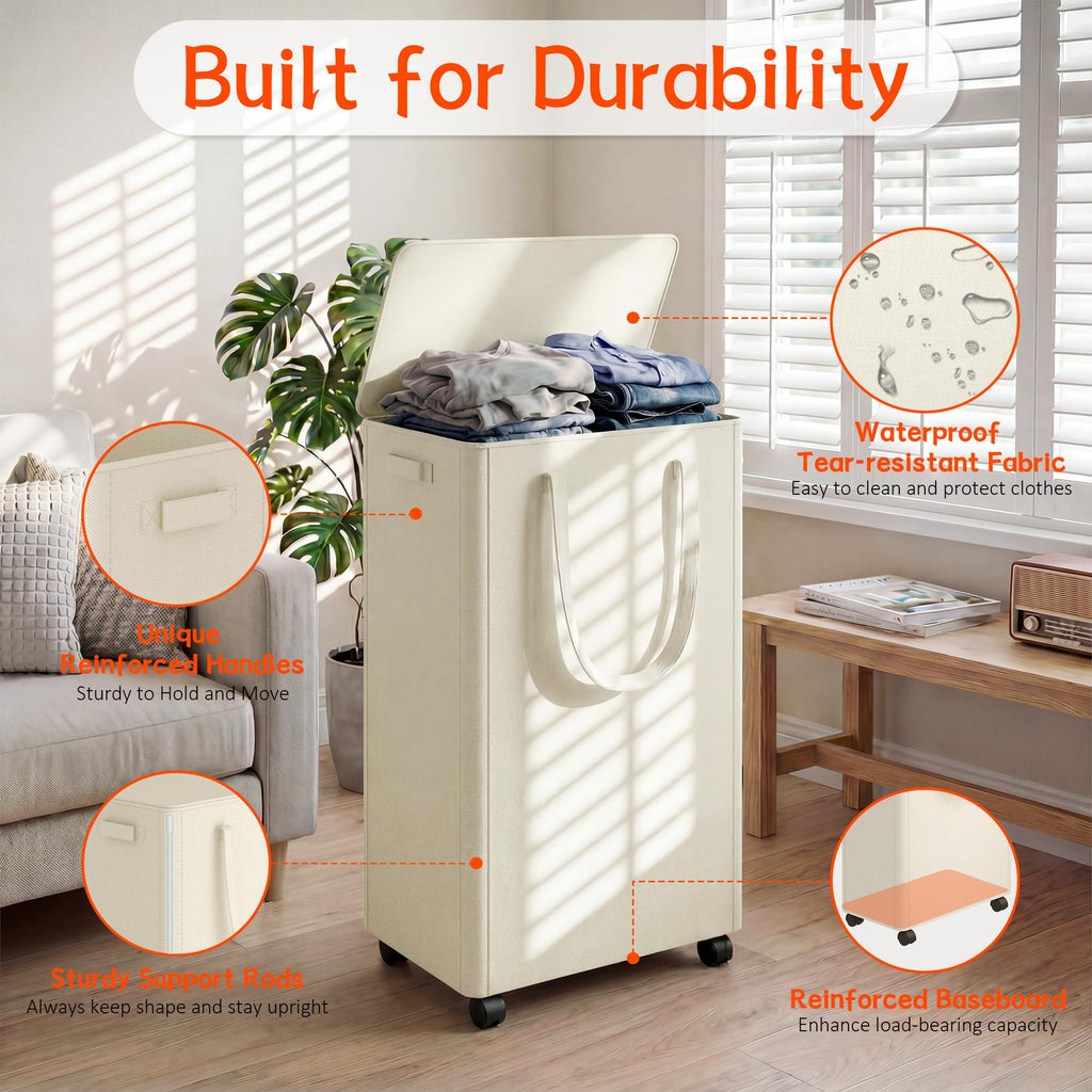 Slim Laundry Hamper with Wheels,20 Gal (75L) Rolling Laundry Basket with lid and wheels Clothes Hamper Foldable Tall