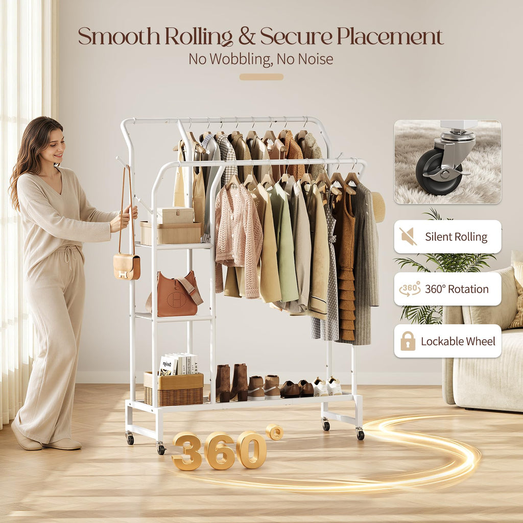 Double Rods Clothes Rack - Portable Clothing Rack with Wheels, Rolling Garment Rack with 3-Tier Shelves & 4 Hooks